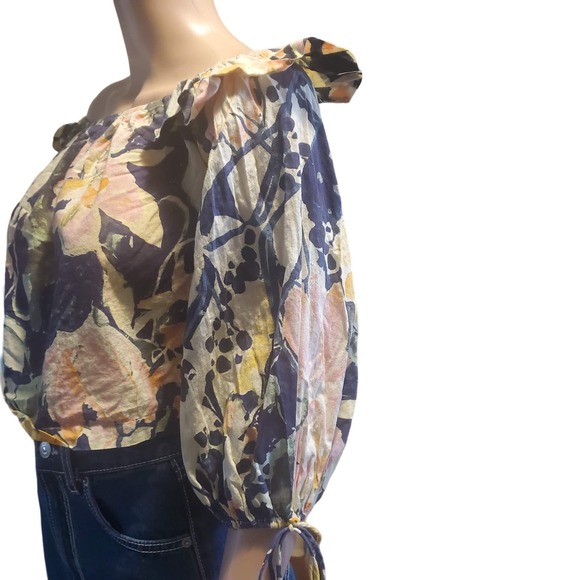 Free People Size S Shasta Boho Blue Floral Short Off Shoulder TOP ONLY - Picture 3 of 10
